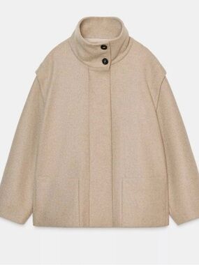 Zara Short Wool Coat with High Neck in Light Mink, Sz S